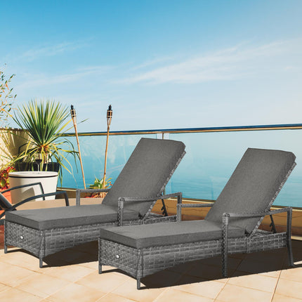 PE Rattan 2-Piece Outdoor Sun Lounger Set with Cushions and 4-Level Recliner Backrest - Grey