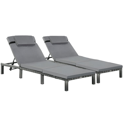 Set of 2 Outdoor PE Rattan Sun Loungers with Cushions - Grey