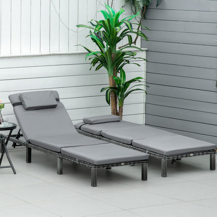 Set of 2 Outdoor PE Rattan Sun Loungers with Cushions - Grey