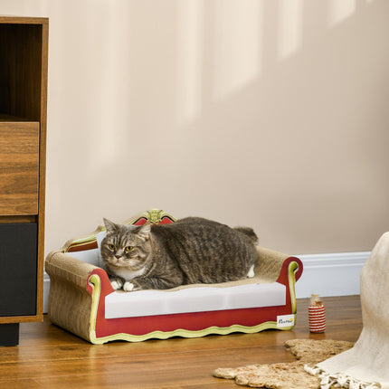 Cat Cardboard Scratcher Lounge Sofa Bed with Catnip 58 x 29.5 x 29 cm - Brown and Claret