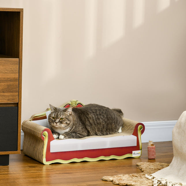 Cat Cardboard Scratcher Lounge Sofa Bed with Catnip 58 x 29.5 x 29 cm - Brown and Claret