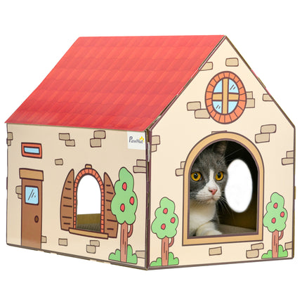 Two-In-One Cat House and Scratching Board with Catnip for Indoor Cats - Red Cream Brown Green