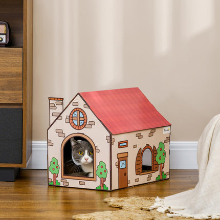 Two-In-One Cat House and Scratching Board with Catnip for Indoor Cats - Red Cream Brown Green