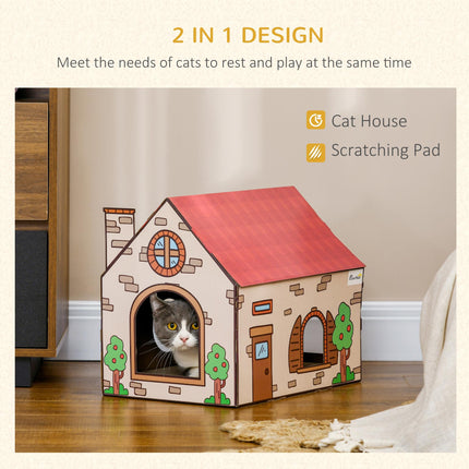 Two-In-One Cat House and Scratching Board with Catnip for Indoor Cats - Red Cream Brown Green