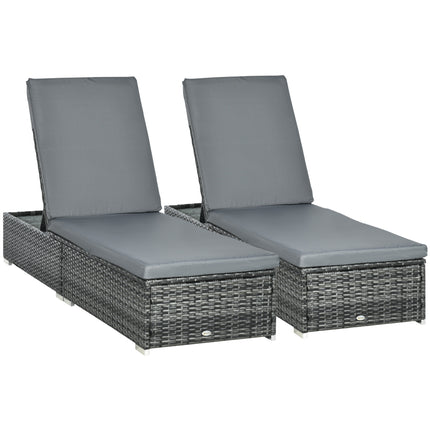 Set of 2 PE Rattan Reclining Sun Loungers with Cushions - Grey