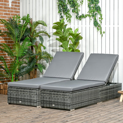 Set of 2 PE Rattan Reclining Sun Loungers with Cushions - Grey