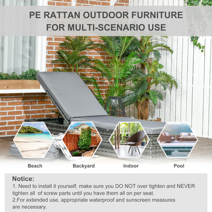 Set of 2 PE Rattan Reclining Sun Loungers with Cushions - Grey
