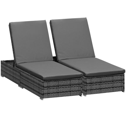 PE Rattan 2-Piece Outdoor Sun Lounger Set with Cushions and 4-Level Recliner Backrest - Grey