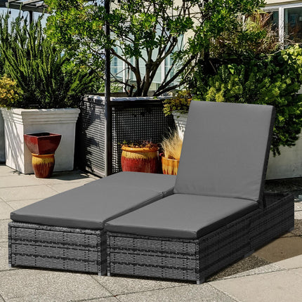 PE Rattan 2-Piece Outdoor Sun Lounger Set with Cushions and 4-Level Recliner Backrest - Grey