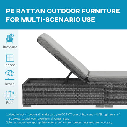 PE Rattan 2-Piece Outdoor Sun Lounger Set with Cushions and 4-Level Recliner Backrest - Grey