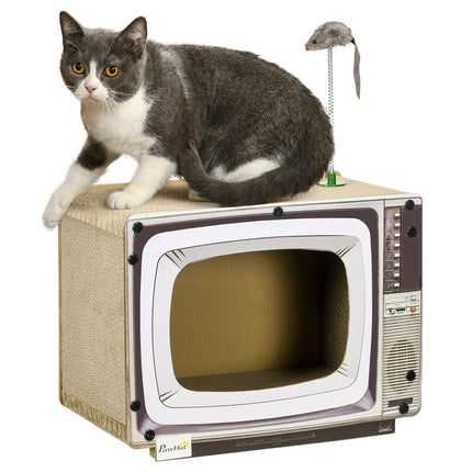 TV-Shaped Cat Scratching Board with Catnip and Toy Rat 43x23x32.5cm - Brown Grey Black