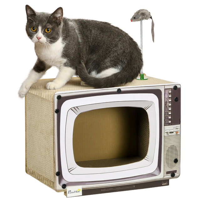 TV-Shaped Cat Scratching Board with Catnip and Toy Rat 43x23x32.5cm - Brown Grey Black
