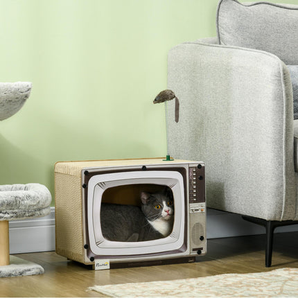 TV-Shaped Cat Scratching Board with Catnip and Toy Rat 43x23x32.5cm - Brown Grey Black