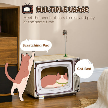 TV-Shaped Cat Scratching Board with Catnip and Toy Rat 43x23x32.5cm - Brown Grey Black