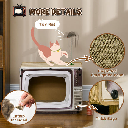 TV-Shaped Cat Scratching Board with Catnip and Toy Rat 43x23x32.5cm - Brown Grey Black