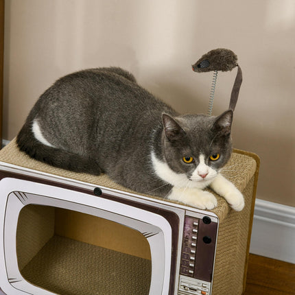 TV-Shaped Cat Scratching Board with Catnip and Toy Rat 43x23x32.5cm - Brown Grey Black