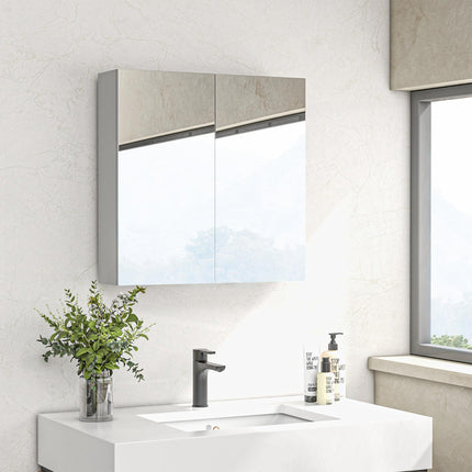 Double Door Wall Mounted Mirror Cabinet with Adjustable Shelf 60x15x60cm - High Gloss White