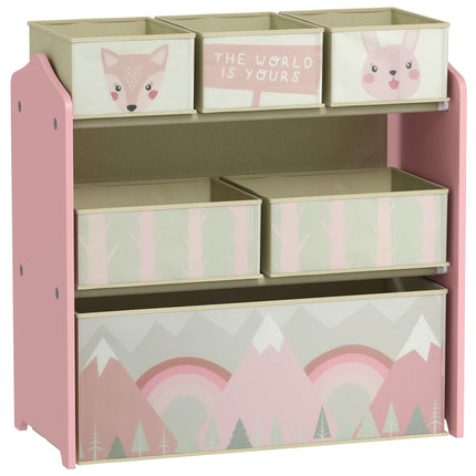 6 Piece Kids Storage Unit with Fabric Bins Toy Organiser - Pink