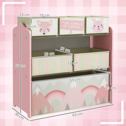 6 Piece Kids Storage Unit with Fabric Bins Toy Organiser - Pink