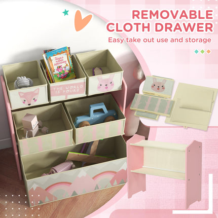 6 Piece Kids Storage Unit with Fabric Bins Toy Organiser - Pink