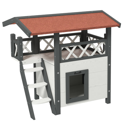 Outdoor Cat House with Balcony, Stairs & Roof 77x50x73 cm - White
