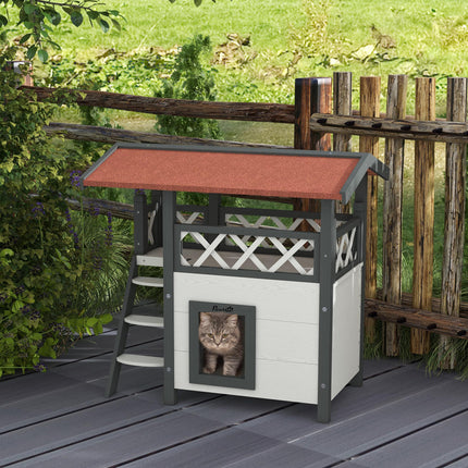 Outdoor Cat House with Balcony, Stairs & Roof 77x50x73 cm - White