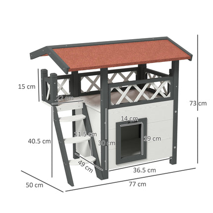 Outdoor Cat House with Balcony, Stairs & Roof 77x50x73 cm - White