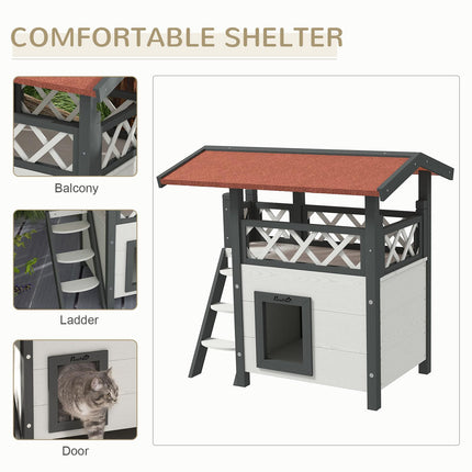 Outdoor Cat House with Balcony, Stairs & Roof 77x50x73 cm - White