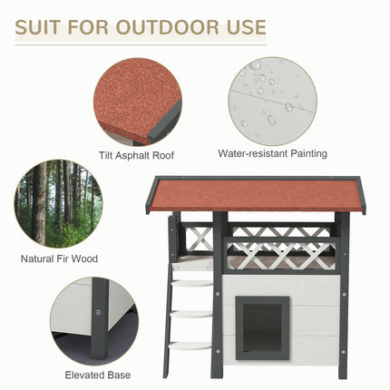Outdoor Cat House with Balcony, Stairs & Roof 77x50x73 cm - White