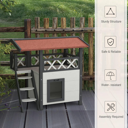 Outdoor Cat House with Balcony, Stairs & Roof 77x50x73 cm - White