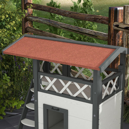 Outdoor Cat House with Balcony, Stairs & Roof 77x50x73 cm - White