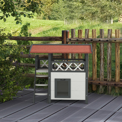 Outdoor Cat House with Balcony, Stairs & Roof 77x50x73 cm - White