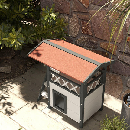 Outdoor Cat House with Balcony, Stairs & Roof 77x50x73 cm - White