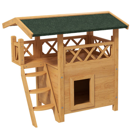 Outdoor Cat House with Balcony, Stairs & Roof 77x50x73 cm - Natural