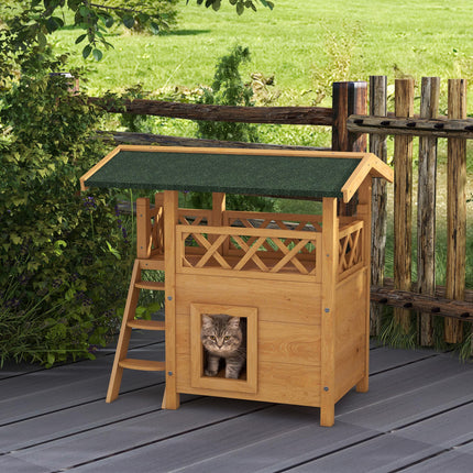 Outdoor Cat House with Balcony, Stairs & Roof 77x50x73 cm - Natural