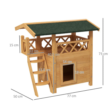 Outdoor Cat House with Balcony, Stairs & Roof 77x50x73 cm - Natural