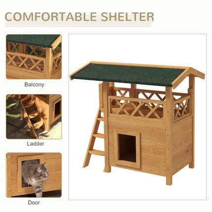 Outdoor Cat House with Balcony, Stairs & Roof 77x50x73 cm - Natural