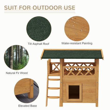 Outdoor Cat House with Balcony, Stairs & Roof 77x50x73 cm - Natural