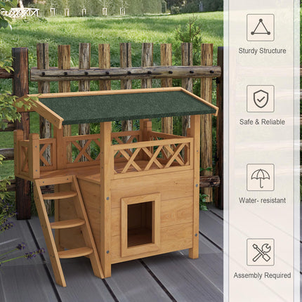 Outdoor Cat House with Balcony, Stairs & Roof 77x50x73 cm - Natural