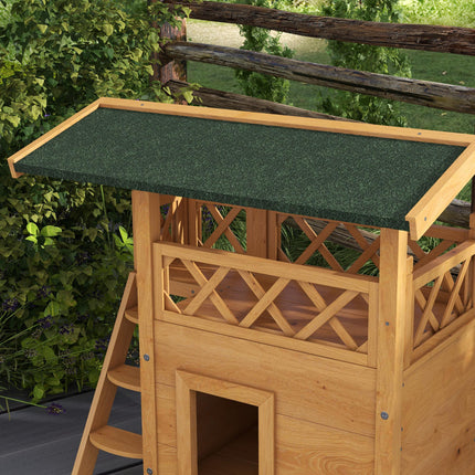 Outdoor Cat House with Balcony, Stairs & Roof 77x50x73 cm - Natural