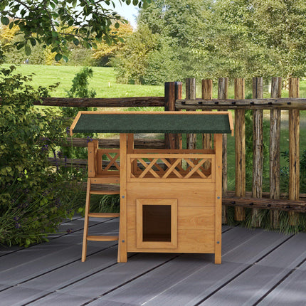 Outdoor Cat House with Balcony, Stairs & Roof 77x50x73 cm - Natural