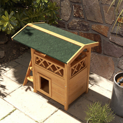 Outdoor Cat House with Balcony, Stairs & Roof 77x50x73 cm - Natural