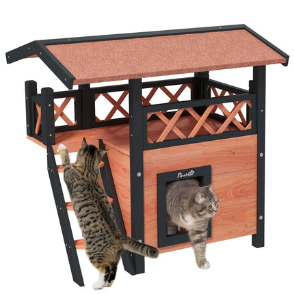 Outdoor Cat House with Balcony, Stairs & Roof 77x50x73 cm - Brown