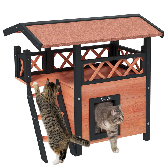 Outdoor Cat House with Balcony, Stairs & Roof 77x50x73 cm - Brown