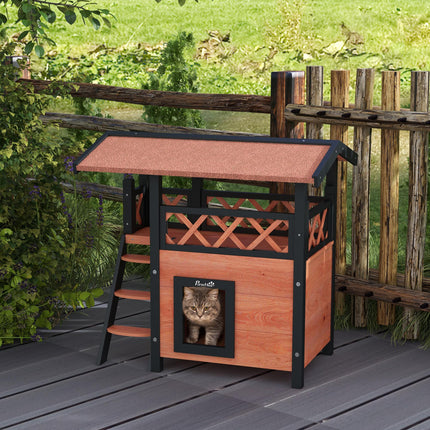 Outdoor Cat House with Balcony, Stairs & Roof 77x50x73 cm - Brown