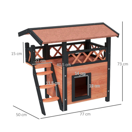 Outdoor Cat House with Balcony, Stairs & Roof 77x50x73 cm - Brown