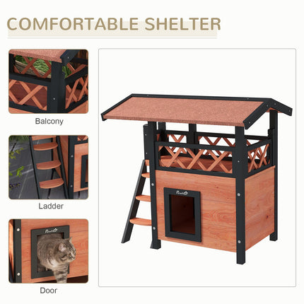 Outdoor Cat House with Balcony, Stairs & Roof 77x50x73 cm - Brown