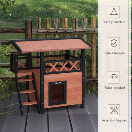 Outdoor Cat House with Balcony, Stairs & Roof 77x50x73 cm - Brown