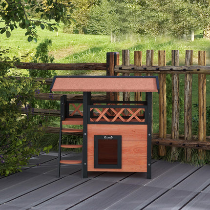Outdoor Cat House with Balcony, Stairs & Roof 77x50x73 cm - Brown
