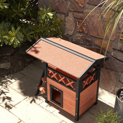 Outdoor Cat House with Balcony, Stairs & Roof 77x50x73 cm - Brown